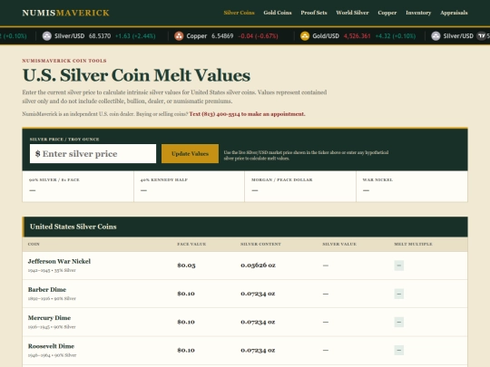 us-silver-coin-melt-values screenshot