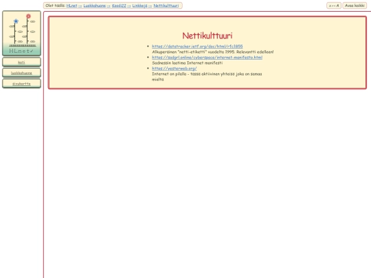 koodikurssi/luokkahuone/koodi22/linkkeja/nettikulttuuri screenshot
