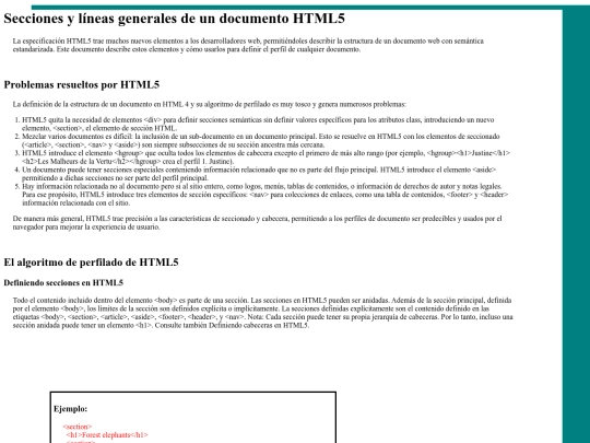 Secciones y líneas generales de un documento HTML5 screenshot