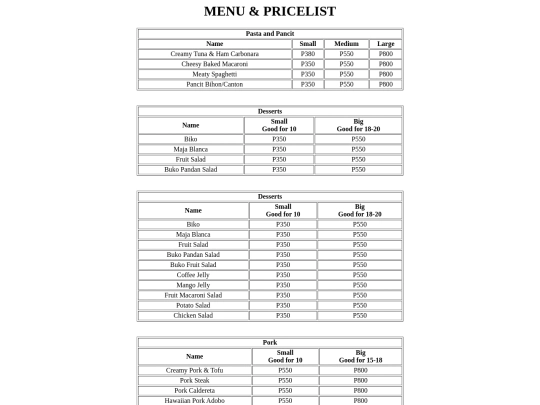 pricelist screenshot