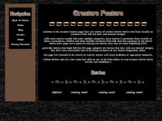 horror shrine/creaturefeature/creatureindex screenshot