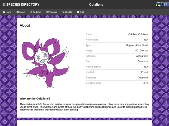 Species Directory/Colaliens screenshot