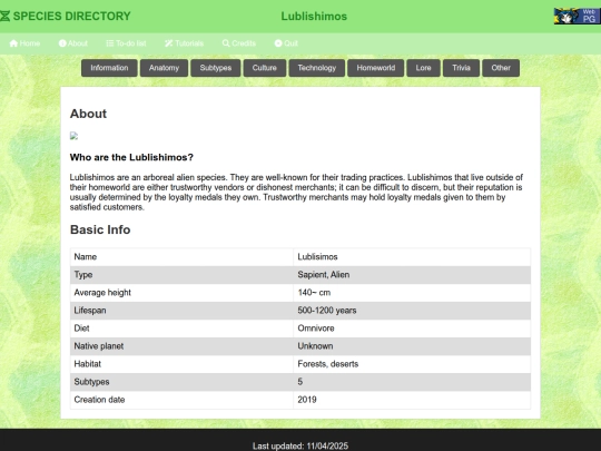 Species Directory/Lublishimos screenshot