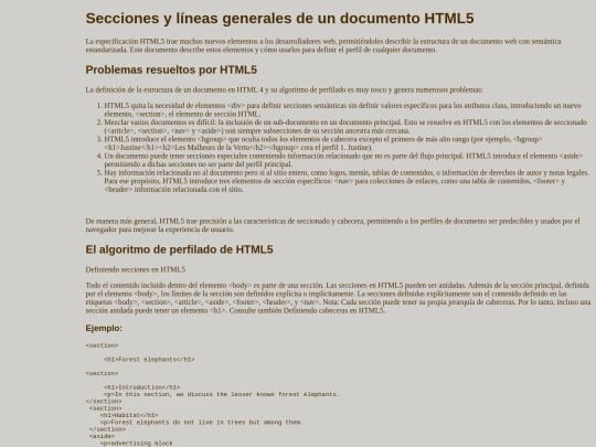Secciones y líneas generales de un documento HTML5 screenshot