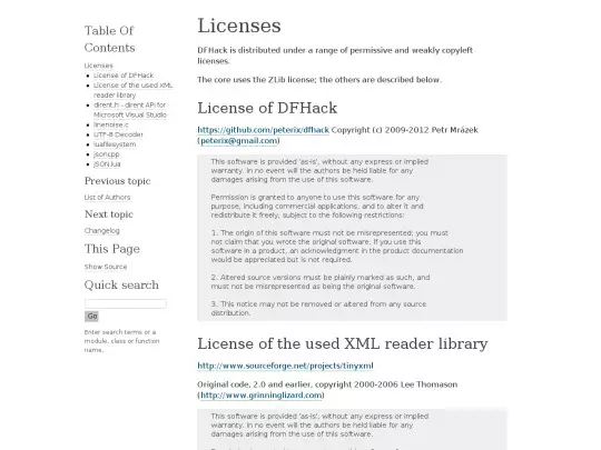 docs/Licenses screenshot