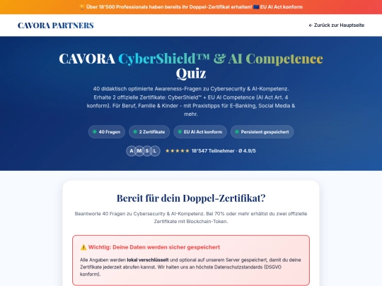 cavora-cyber-shield-quiz-certification screenshot