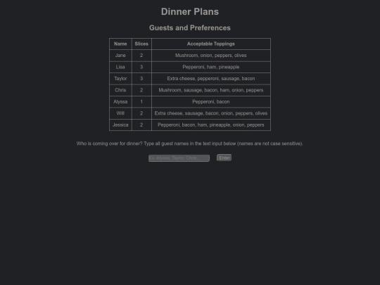 html files/dinner screenshot