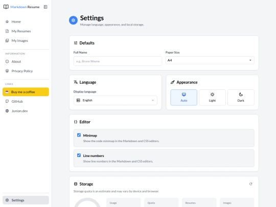 markdown-resume/settings screenshot