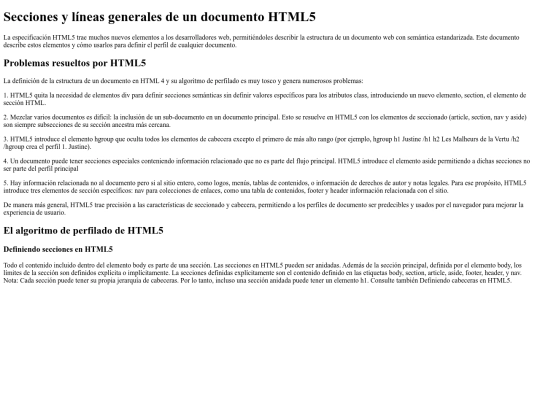 Secciones y líneas generales de un documento HTML5 screenshot