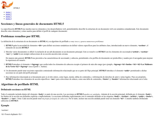 Secciones y lineas generales de un documento HTML5 screenshot