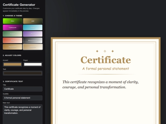 Site/Overcoming Certificate Generator screenshot
