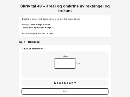 Skriv_tal49_areal_og_omkrins_rektangel_og_trekant screenshot