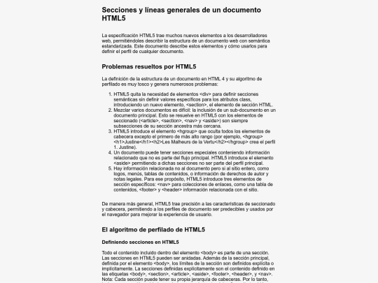 Secciones y líneas generales de un documento HTML5 screenshot