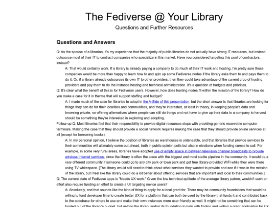 presentations/SeaGL2022/FediverseAtYourLibrary/04 - Questions and Further Resources screenshot