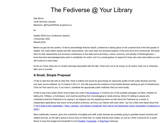 presentations/SeaGL2022/FediverseAtYourLibrary/Fediverse At Your Library - No Images screenshot
