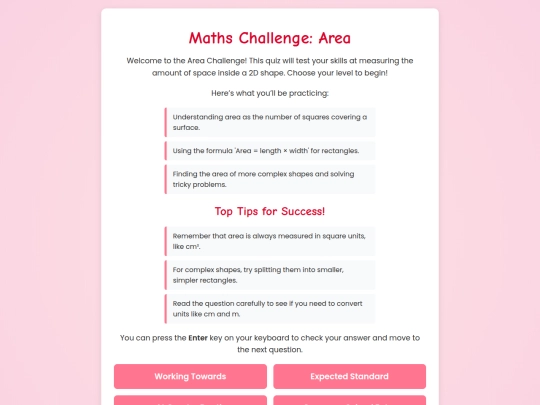 KS2 Maths Site/Measurement/2 Area screenshot