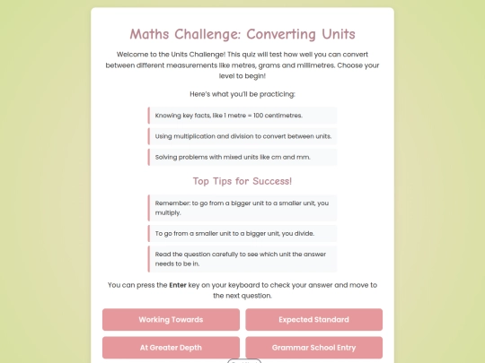 KS2 Maths Site/Measurement/4 converting units screenshot