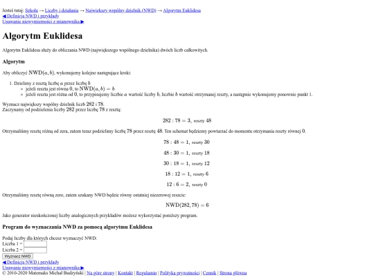 www.matemaks.pl/algorytm-euklidesa screenshot