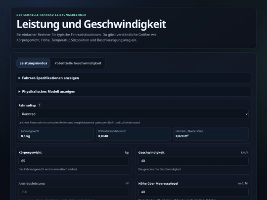 Fahrrad-Leistungsrechner screenshot