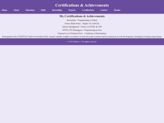Multi-page portfolio/certifications screenshot