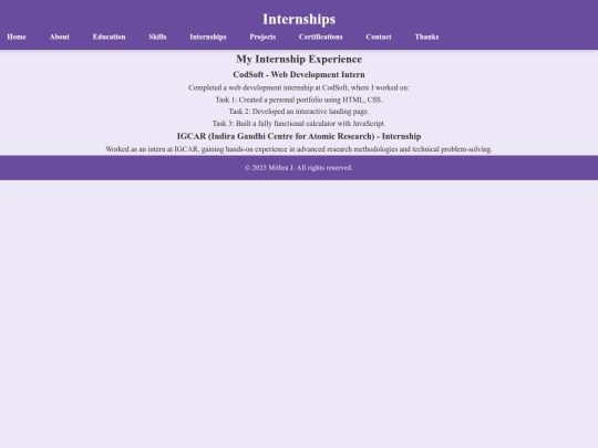 Multi-page portfolio/internships screenshot
