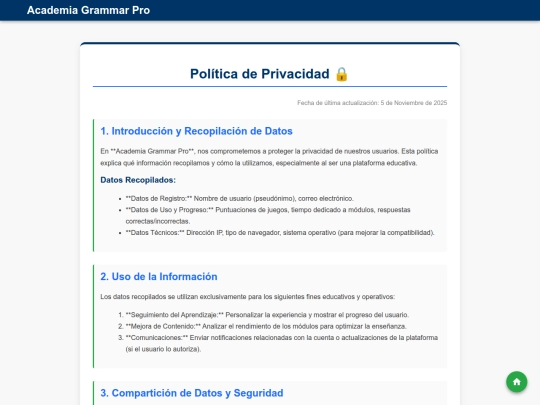 Academia Grammar Pro/Inicio/Inicio/Politica de Privacidad screenshot