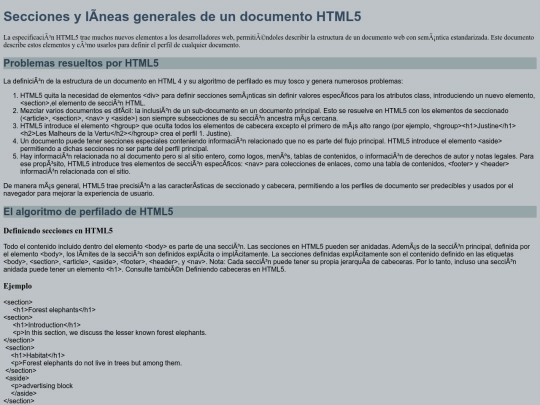 Secciones y líneas generales de un documento HTML5 screenshot
