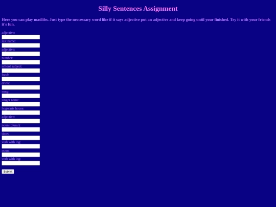 Semester 2 Javascript/sillysentences screenshot