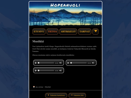 hopeanuoli/tietoa/musiikki screenshot