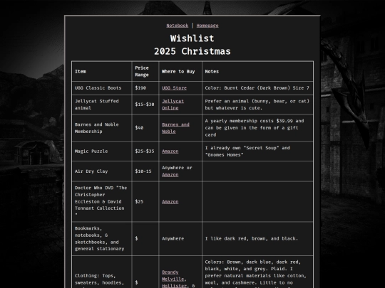 notebook/wishlist screenshot