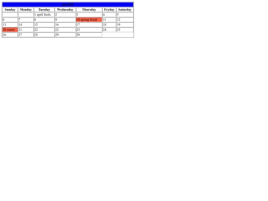 Web design/1HTML/Calander /CalendarTables screenshot