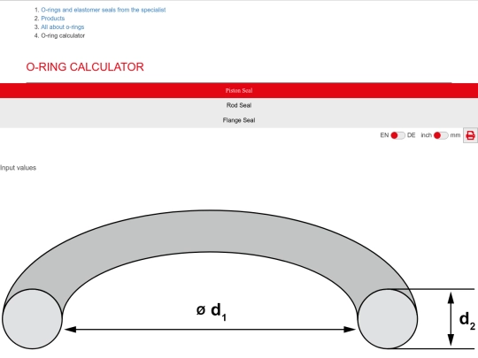 O-ring calculator screenshot
