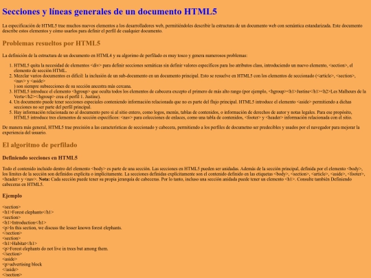 Secciones y líneas generales de un documento HTML5 screenshot