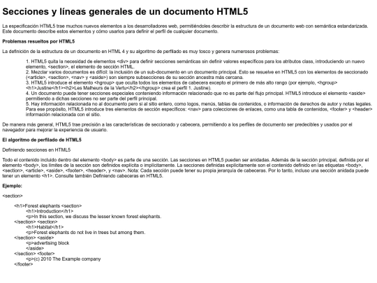 Secciones y líneas generales de un documento HTML5 screenshot