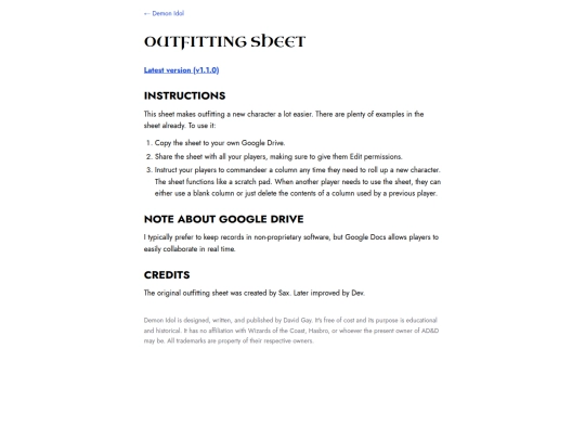 outfitting_sheet screenshot