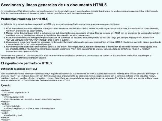 Secciones y líneas generales de un documento HTML5 screenshot