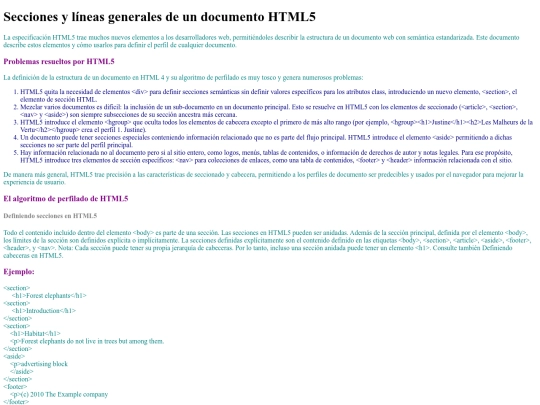 Secciones y líneas generales de un documento HTML5 screenshot