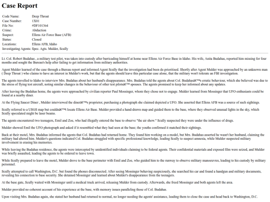 x-files/case-files/1x01_deep_throat/report screenshot