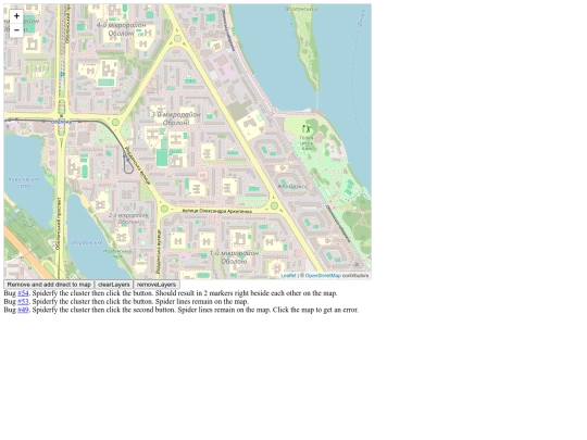 mappys/henwynleowakademi/Leaflet.markercluster-1.4.1/example/old-bugs/remove-when-spiderfied screenshot
