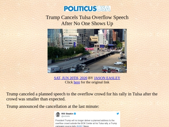 news articles/Politics/03/Trump Cancels Tulsa Overflow Speech After No One Shows Up screenshot
