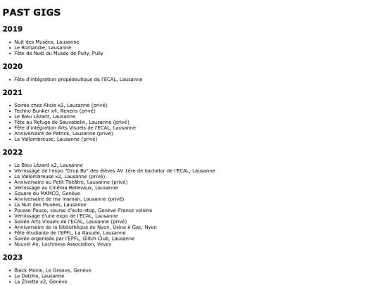 pastgigslist screenshot