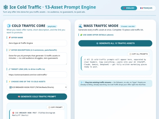 Ice Cold Traffic · 13‑Asset Prompt Engine screenshot