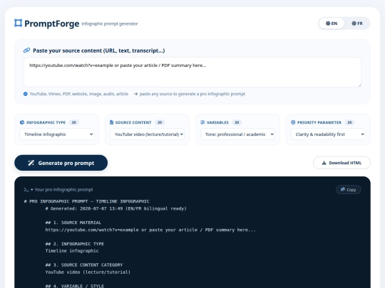 PromptForge infographic prompt generator screenshot