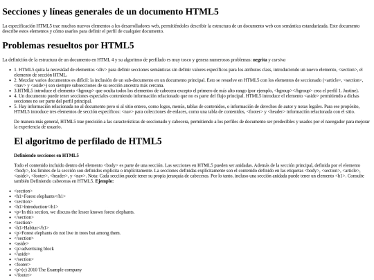 Secciones y líneas generales de un documento HTML5. screenshot