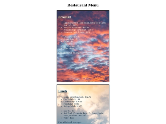 menu screenshot