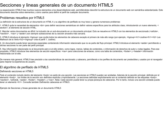 Secciones y líneas generales de un documento HTML5 screenshot