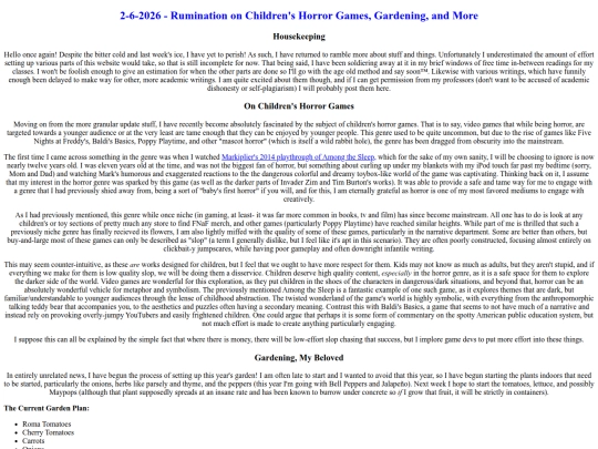 blog posts/2026/February/2-6-2026RuminationonChildrensHorrorGamesGardeningandmore screenshot
