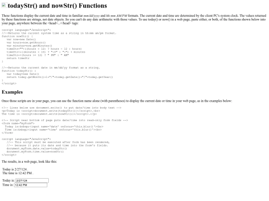 date&time/Coolnerds JavaScript custom nowStr() and todayStr() functions screenshot