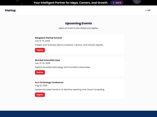 startup/upcoming-events screenshot