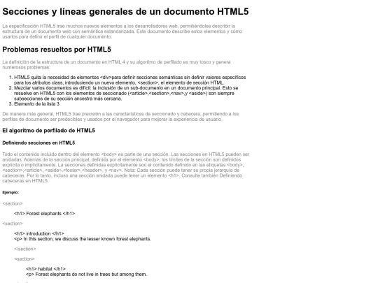 Secciones y líneas generales de un documento HTML5 screenshot
